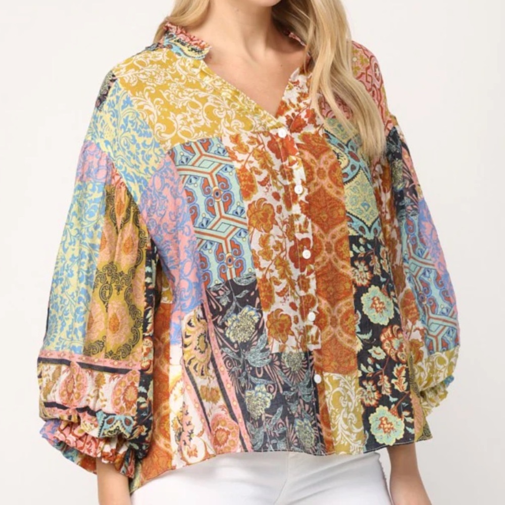 Fate Multicolor Patchwork Bubble Sleeve Top - image 1